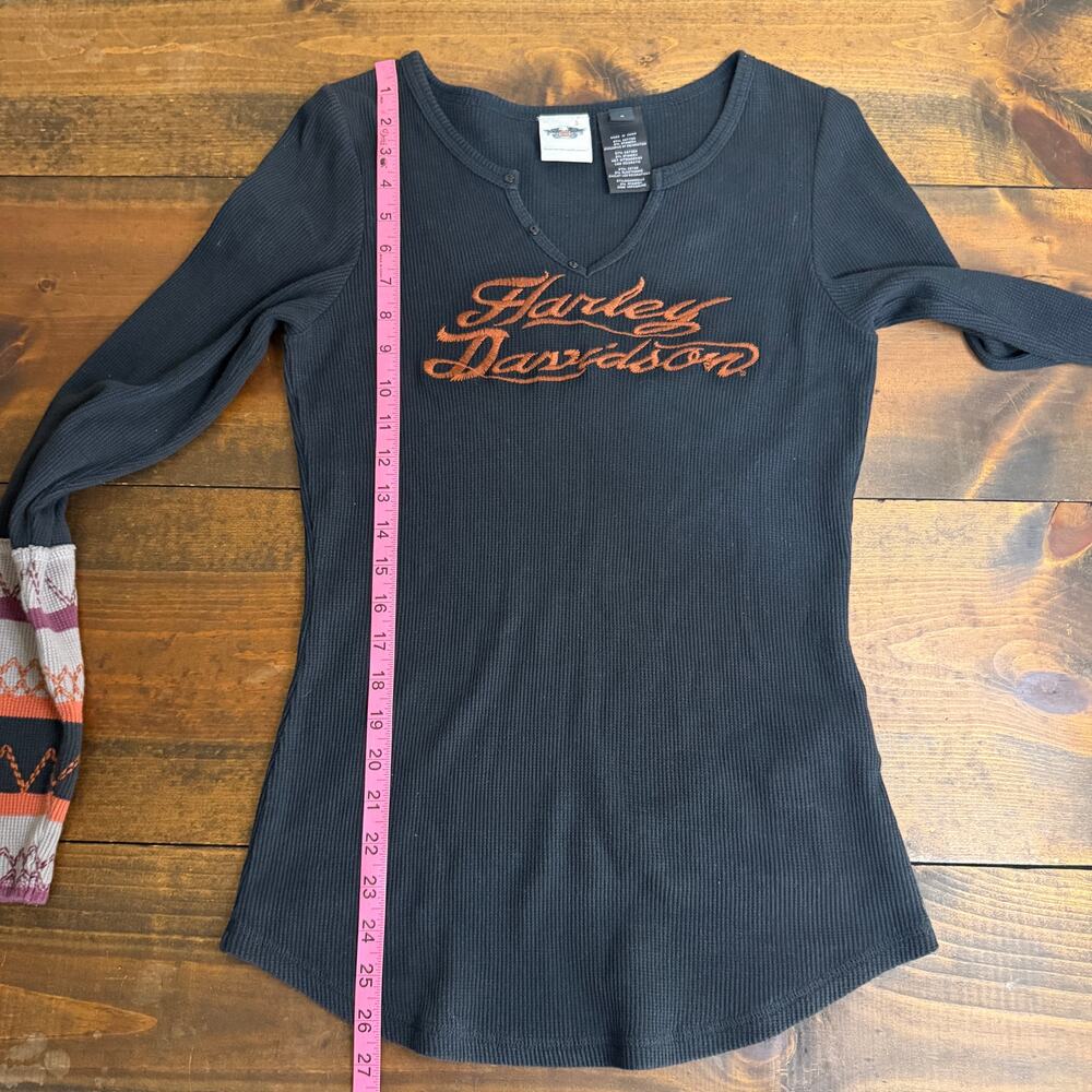 Harley-Davidson Black Thermal Long Sleeve Shirt Y2K Retro Women's Small V neck - Picture 10 of 11